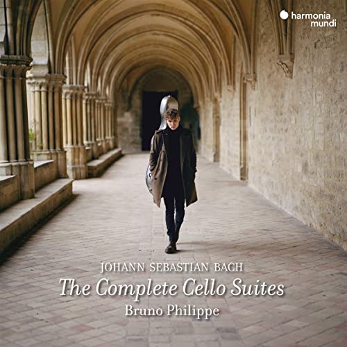 Cellist in arched stone hallway, album cover for Bach’s Cello Suites.