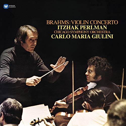 Itzhak Perlman on violin, conducting with orchestra, album cover.