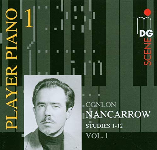 CD cover featuring a portrait of composer Conlon Nancarrow and piano keys.