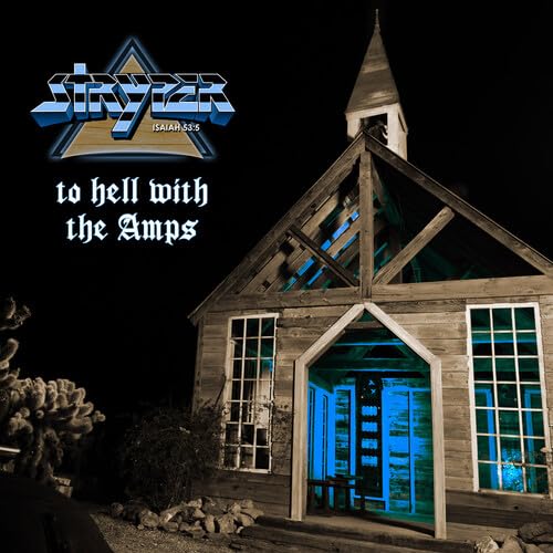 Rustic wooden chapel illuminated with blue light, Stryper logo above.