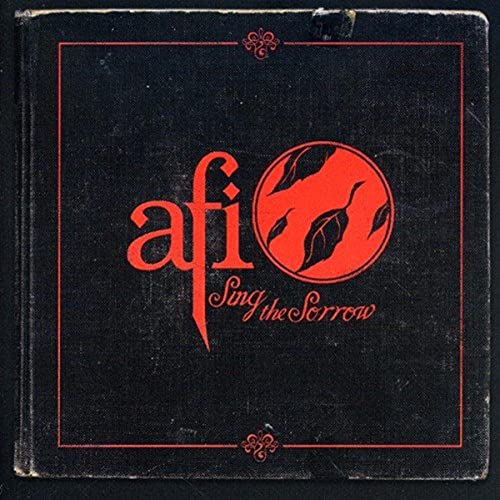 Black CD cover with red AFI logo, leaf circle graphic, and Sing the Sorrow text.
