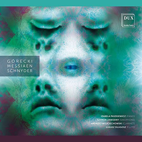 CD cover with abstract faces and composer names: Górecki, Messiaen, Schnyder.