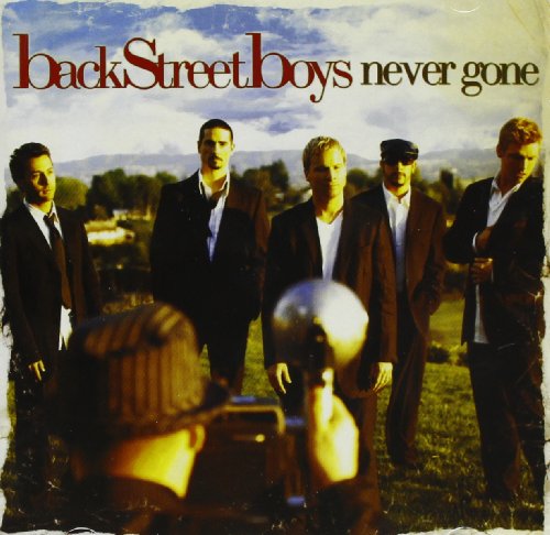 Backstreet Boys “Never Gone” album cover with group photo and vintage microphone.
