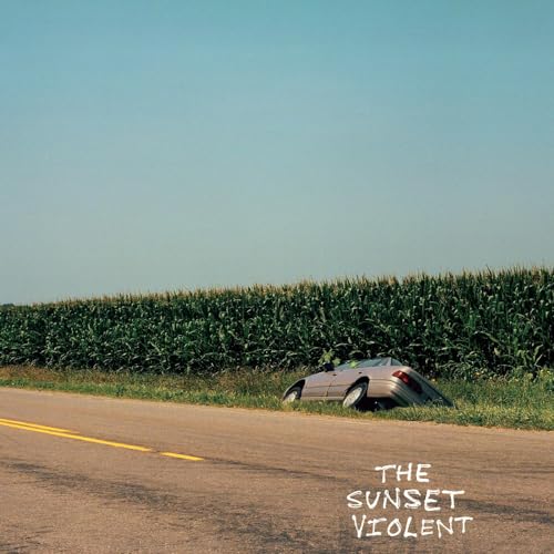 Overturned car in a field beside a road, album cover.