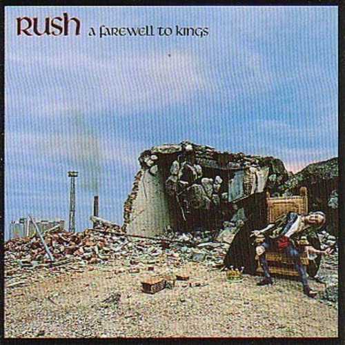 Album cover for Rush A Farewell to Kings showing a figure in ruins.