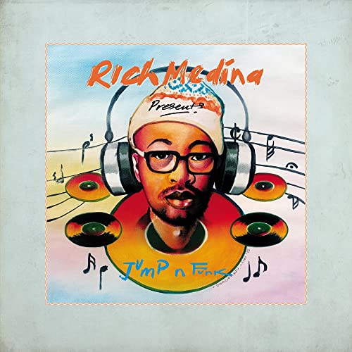 CD cover: portrait of a man with headphones and vinyl records.