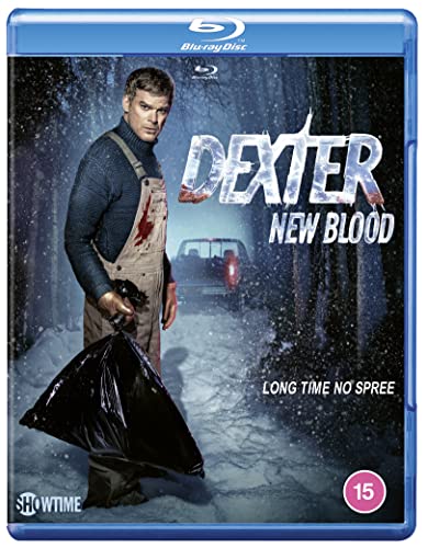 Blu-ray cover for "Dexter: New Blood" featuring a man in snowy woods.