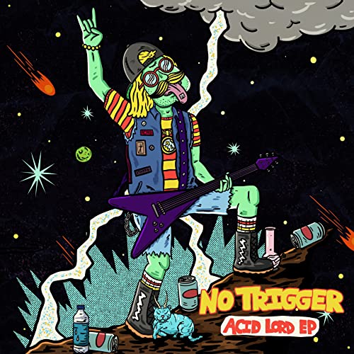 Cartoon zombie playing guitar with beer cans and a blue cat.