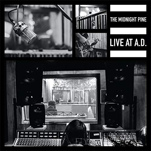 Black and white album cover for “Midnight Pine - Live At A.D.”, studio scene.