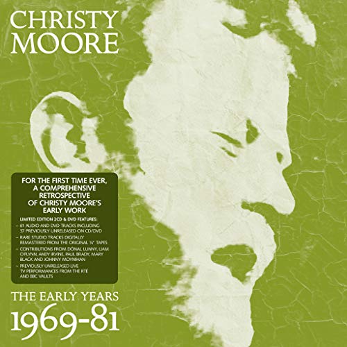 CD cover for Christy Moore’s “The Early Years: 1969-81” with a portrait.