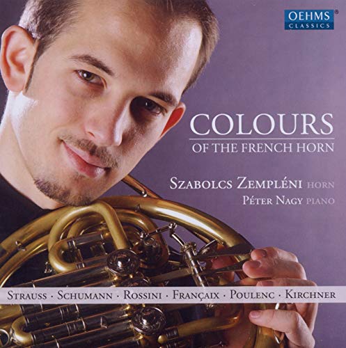CD cover featuring a man with a French horn and piano keys.
