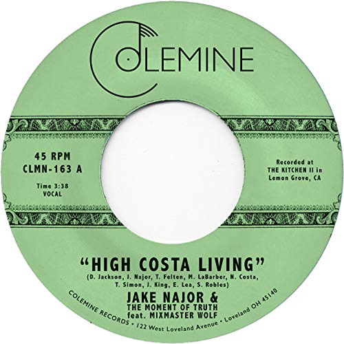 Green 45 RPM vinyl record label for "High Costa Living" by Jake Najor.