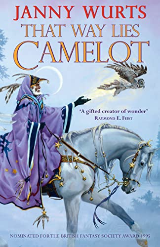 Book cover: wizard on horseback with a flying falcon, purple and gold.
