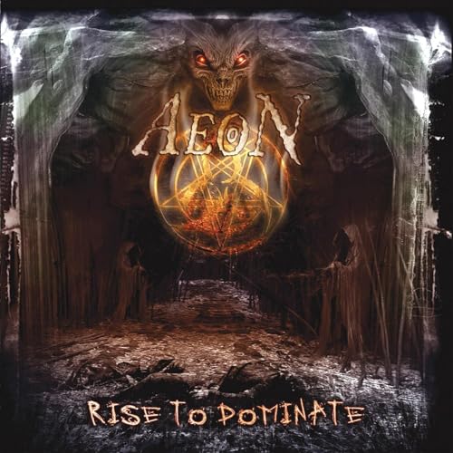 Album cover for Aeon - Rise To Dominate, featuring a fiery, demonic face.