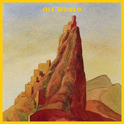 Painting of a red rock mesa and pueblo-style buildings under a yellow sky.