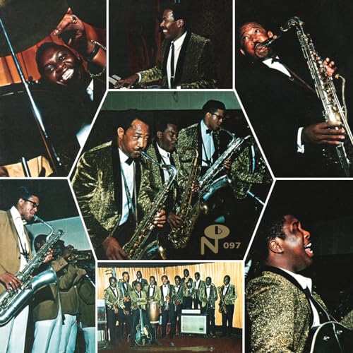Collage of vintage photos showing Black jazz musicians in gold jackets playing instruments.