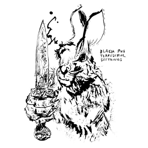 Black and white sketch of a rabbit holding a knife.