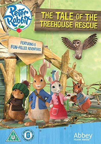 DVD cover featuring Peter Rabbit and friends standing in a treehouse with an owl.