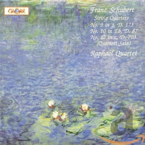 CD cover: Monet-style water lilies with text for Schubert string quartets.
