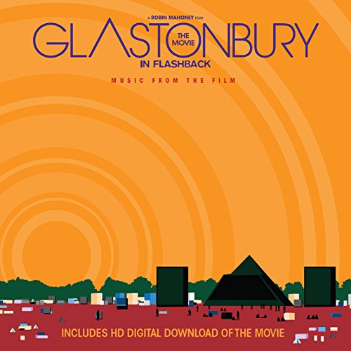 Glastonbury movie soundtrack CD cover with orange radial background and silhouetted crowd.