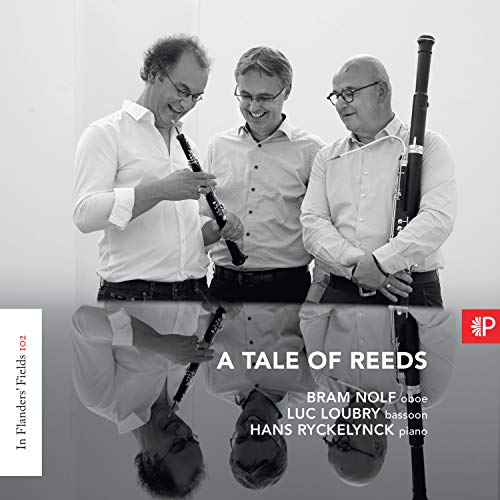 Three musicians with reed instruments reflected in a mirrored surface.