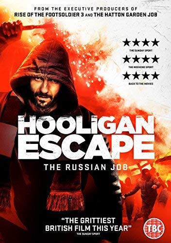 DVD cover for Hooligan Escape featuring a man in a hoodie against red smoke.