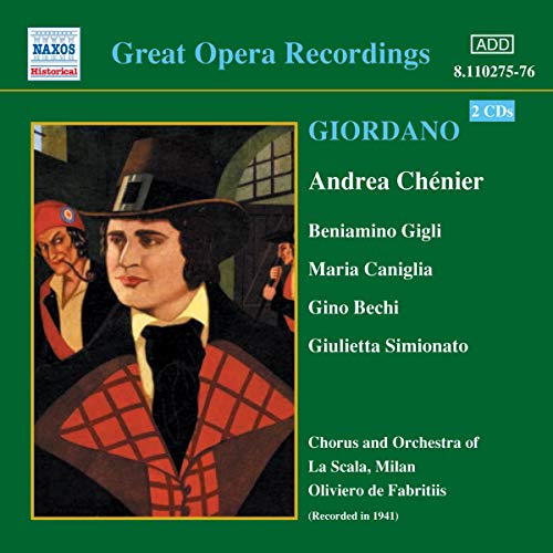 CD cover for Giordanoās āAndrea ChĆ©nierā opera, featuring a portrait and text.