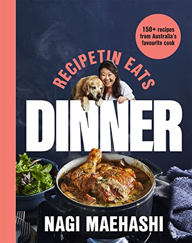 Book cover featuring Nagi Maehashi with her dog, a pot of chicken, and text.