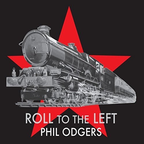 Black and white steam train against a large red star on a black background.