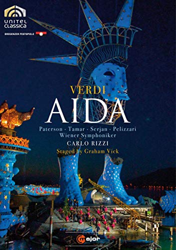 DVD cover for Verdi’s Aida, featuring a blue stage set with figures.