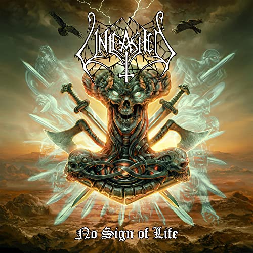 Album cover for Unleashed’s “No Sign Of Life” featuring skulls and swords.