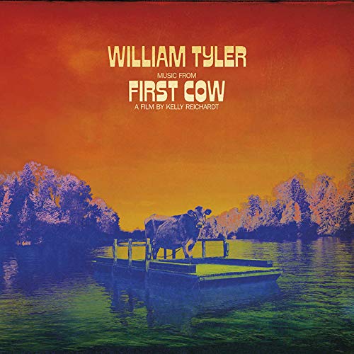Album cover: cow on a small dock with orange and blue sky.