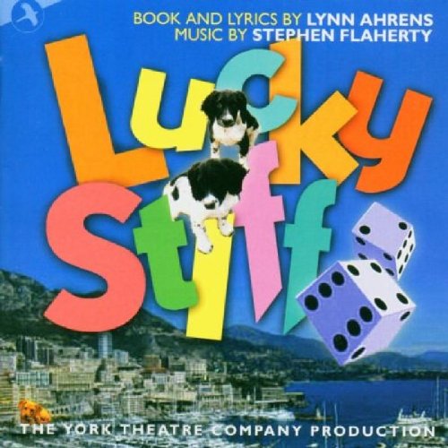 “Lucky Stiff” CD cover with colorful text, dogs, and dice over a city.