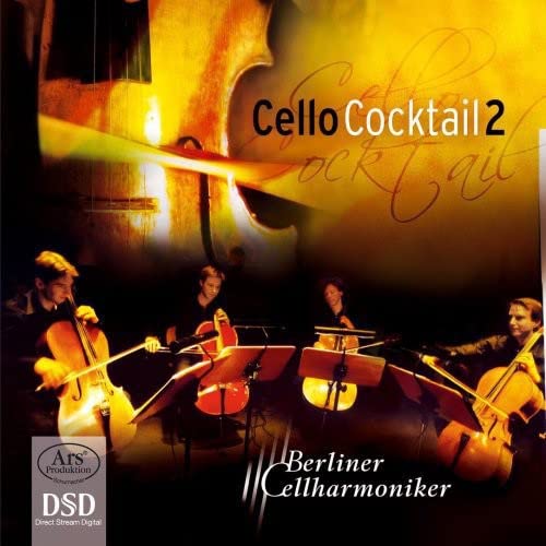 CD cover featuring cellists performing, with golden hues and text “CelloCocktail 2”.