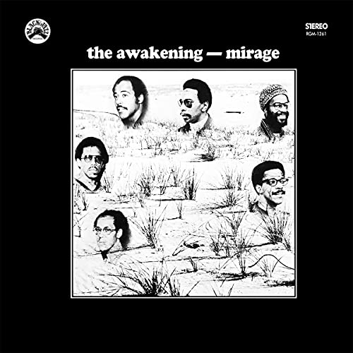 Black and white album cover featuring five men in a field.