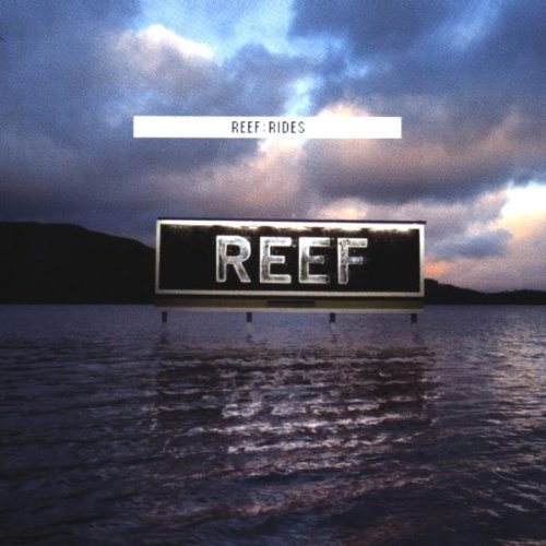 A billboard reading REEF stands in water under a cloudy sky at dusk.