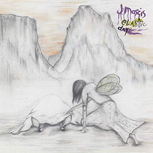 Pencil drawing of a winged figure lying before large mountains.