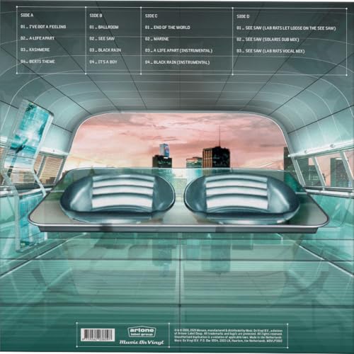 Vinyl record back cover depicting a car dashboard view of a city.