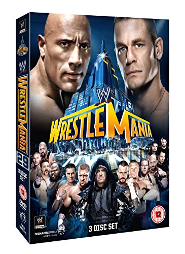 Wrestlemania 29 DVD cover featuring The Rock, John Cena, and other wrestlers.