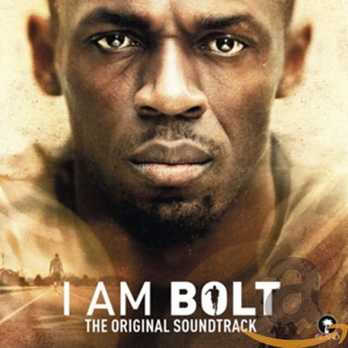 Close-up portrait of Usain Bolt, CD cover for “I Am Bolt” soundtrack.