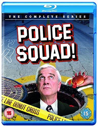 Police Squad!" Blu-ray cover with Leslie Nielsen peering from a manhole.
