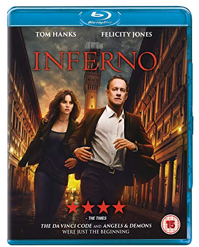 Blu-ray cover for “Inferno” featuring Tom Hanks and Felicity Jones running.