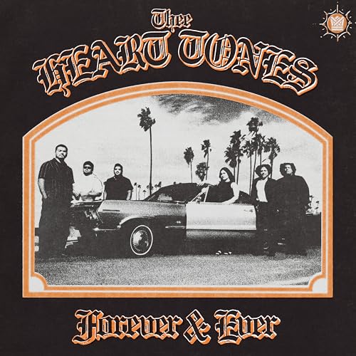 CD cover: group portrait with a classic car, palm trees, and sunset.