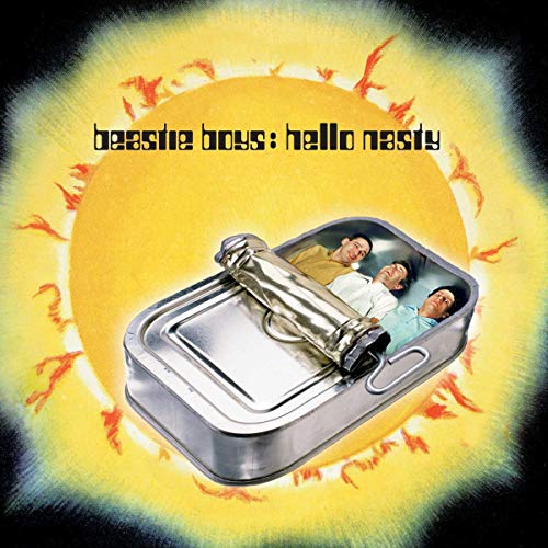 Three men inside an open sardine tin against a bright yellow sun background.