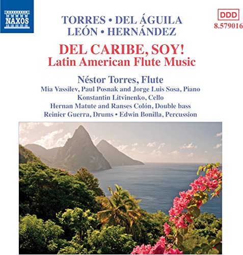 CD cover: Caribbean landscape with mountains, ocean, and pink flowers.
