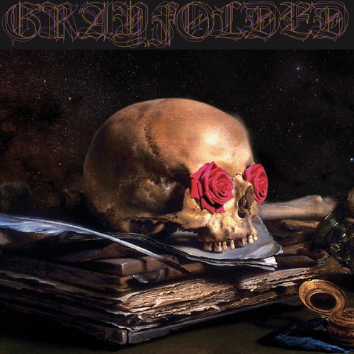Skull with red roses for eyes rests on books, cosmic background.