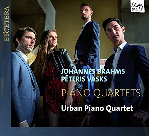 CD cover featuring four musicians and text: Brahms / Vasks Piano Quartets.