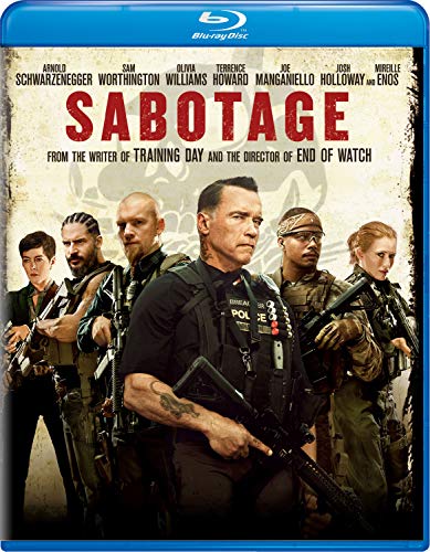 Sabotage" Blu-ray cover featuring Arnold Schwarzenegger and a tactical team.