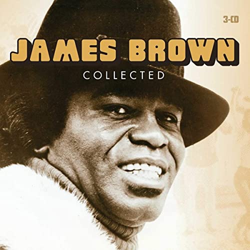 Sepia-toned portrait of James Brown wearing a hat, with album title text overlaid.