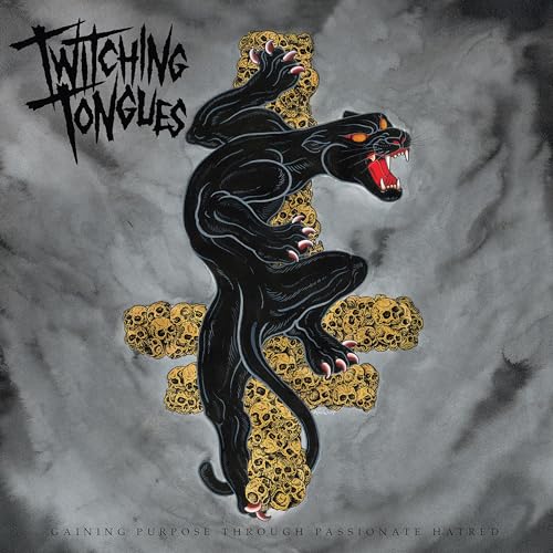 CD cover: black panther climbing a golden cross of skulls.